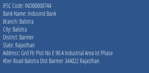 Indusind Bank Balotra Branch Barmer IFSC Code INDB0000744