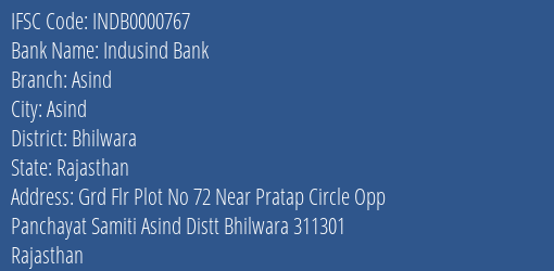 Indusind Bank Asind Branch Bhilwara IFSC Code INDB0000767