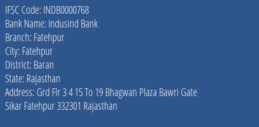 Indusind Bank Fatehpur Branch Baran IFSC Code INDB0000768
