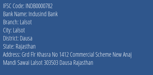 Indusind Bank Lalsot Branch Dausa IFSC Code INDB0000782