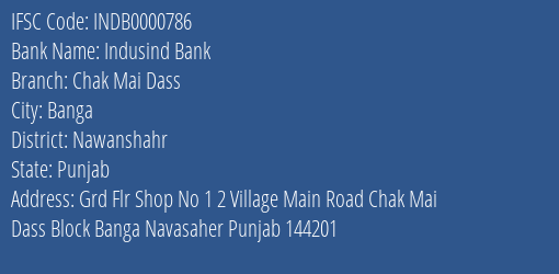 Indusind Bank Chak Mai Dass Branch Nawanshahr IFSC Code INDB0000786