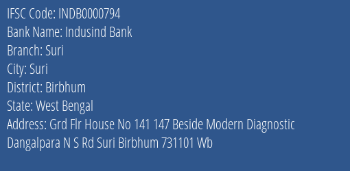 Indusind Bank Suri Branch, Branch Code 000794 & IFSC Code INDB0000794