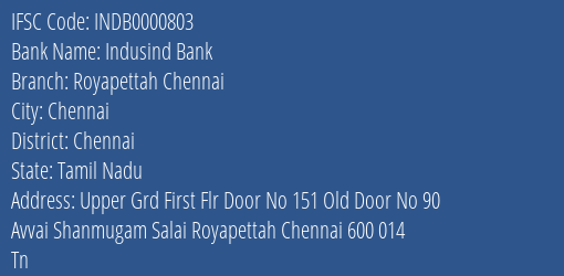 Indusind Bank Royapettah Chennai Branch, Branch Code 000803 & IFSC Code INDB0000803