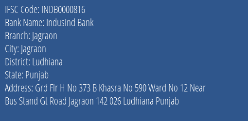 Indusind Bank Jagraon Branch Ludhiana IFSC Code INDB0000816