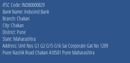 Indusind Bank Chakan Branch, Branch Code 000829 & IFSC Code INDB0000829
