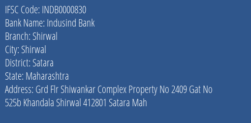 Indusind Bank Shirwal Branch Satara IFSC Code INDB0000830