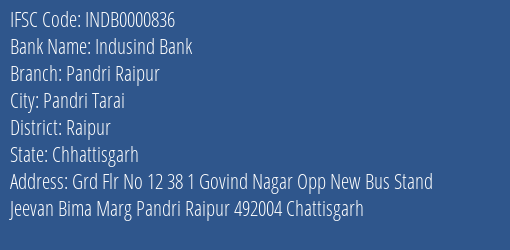 Indusind Bank Pandri Raipur Branch, Branch Code 000836 & IFSC Code INDB0000836