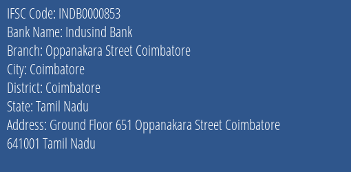 Indusind Bank Oppanakara Street Coimbatore Branch IFSC Code