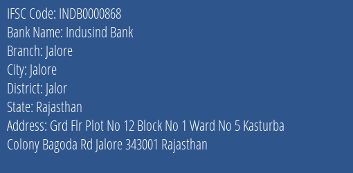 Indusind Bank Jalore Branch Jalor IFSC Code INDB0000868