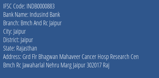 Indusind Bank Bmch And Rc Jaipur Branch Jaipur IFSC Code INDB0000883