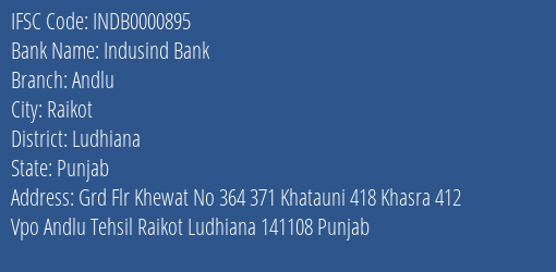 Indusind Bank Andlu Branch, Branch Code 000895 & IFSC Code INDB0000895