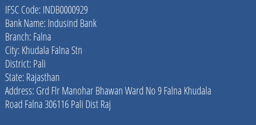 Indusind Bank Falna Branch Pali IFSC Code INDB0000929