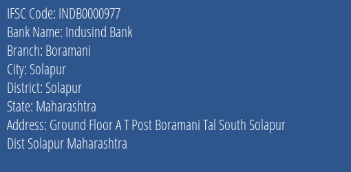 Indusind Bank Boramani Branch, Branch Code 000977 & IFSC Code Indb0000977