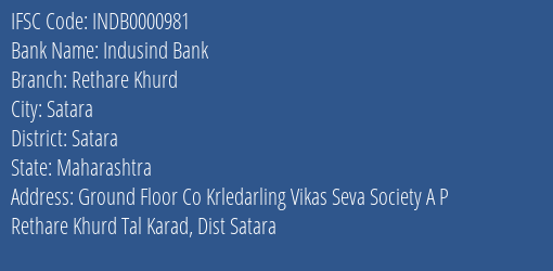 Indusind Bank Rethare Khurd Branch Satara IFSC Code INDB0000981