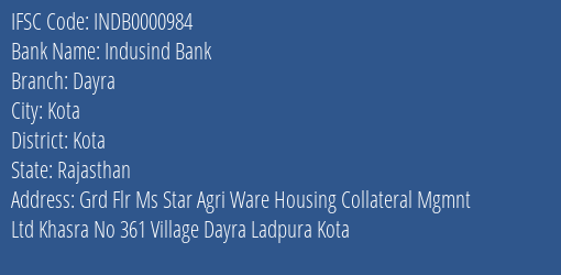 Indusind Bank Dayra Branch Kota IFSC Code INDB0000984