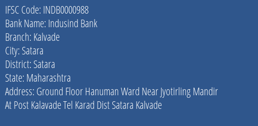 Indusind Bank Kalvade Branch Satara IFSC Code INDB0000988