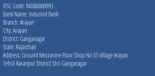 Indusind Bank Arayan Branch Ganganagar IFSC Code INDB0000993