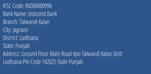 Indusind Bank Talwandi Kalan Branch IFSC Code