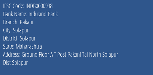 Indusind Bank Pakani Branch Solapur IFSC Code INDB0000998