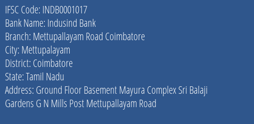 Indusind Bank Mettupallayam Road Coimbatore Branch IFSC Code
