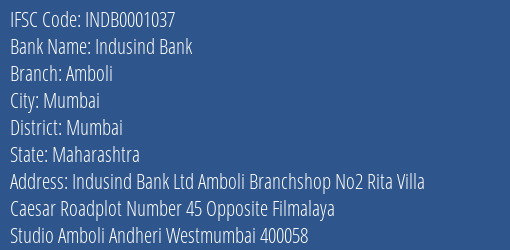 Indusind Bank Amboli Branch, Branch Code 001037 & IFSC Code INDB0001037