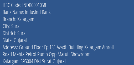 Indusind Bank Katargam Branch, Branch Code 001058 & IFSC Code INDB0001058