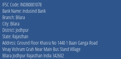 Indusind Bank Bilara Branch Jodhpur IFSC Code INDB0001078