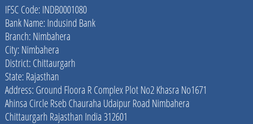 Indusind Bank Nimbahera Branch Chittaurgarh IFSC Code INDB0001080