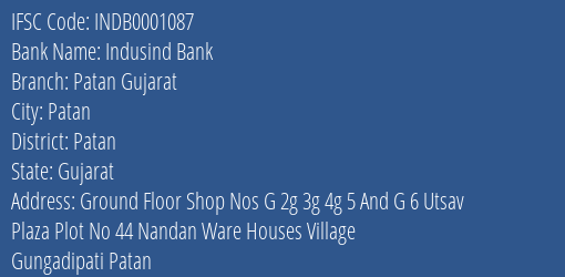 Indusind Bank Patan Gujarat Branch, Branch Code 001087 & IFSC Code INDB0001087