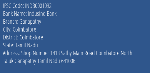 Indusind Bank Ganapathy Branch IFSC Code