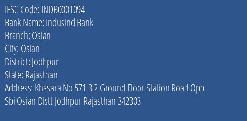 Indusind Bank Osian Branch, Branch Code 001094 & IFSC Code INDB0001094