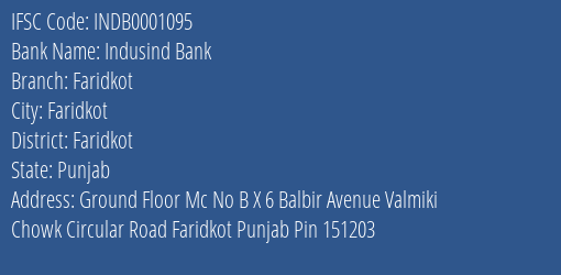 Indusind Bank Faridkot Branch Faridkot IFSC Code INDB0001095