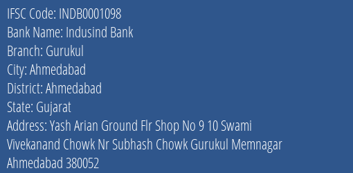 Indusind Bank Gurukul Branch Ahmedabad IFSC Code INDB0001098
