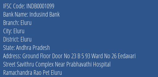 Indusind Bank Eluru Branch Eluru IFSC Code INDB0001099