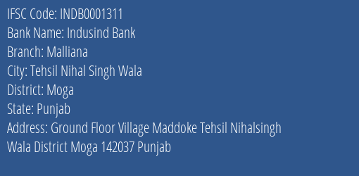 Indusind Bank Malliana Branch Moga IFSC Code INDB0001311