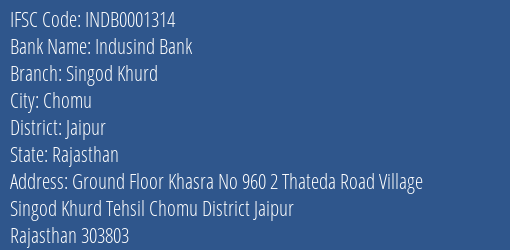 Indusind Bank Singod Khurd Branch Jaipur IFSC Code INDB0001314