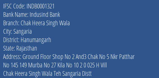 Indusind Bank Chak Heera Singh Wala Branch Hanumangarh IFSC Code INDB0001321