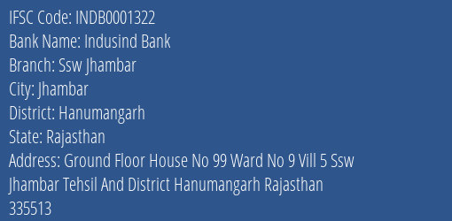 Indusind Bank Ssw Jhambar Branch Hanumangarh IFSC Code INDB0001322