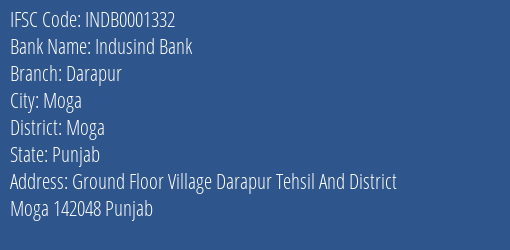 Indusind Bank Darapur Branch Moga IFSC Code INDB0001332