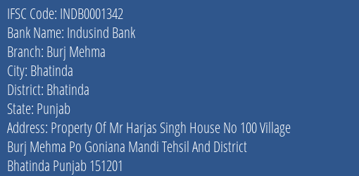Indusind Bank Burj Mehma Branch Bhatinda IFSC Code INDB0001342