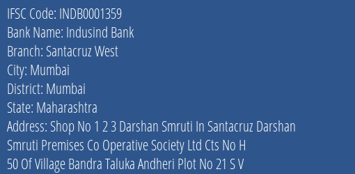 Indusind Bank Santacruz West Branch Mumbai IFSC Code INDB0001359