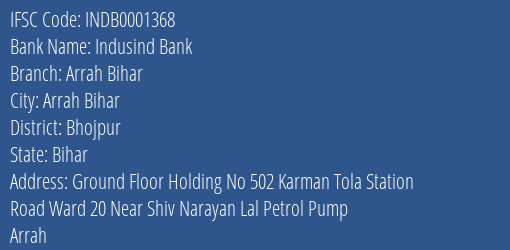 Indusind Bank Arrah Bihar Branch Bhojpur IFSC Code INDB0001368