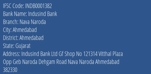 Indusind Bank Nava Naroda Branch, Branch Code 001382 & IFSC Code INDB0001382