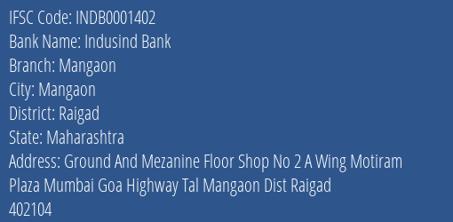 Indusind Bank Mangaon Branch Raigad IFSC Code INDB0001402