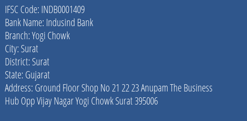Indusind Bank Yogi Chowk Branch, Branch Code 001409 & IFSC Code INDB0001409