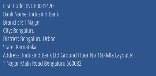 Indusind Bank R T Nagar Branch Bengaluru Urban IFSC Code INDB0001420