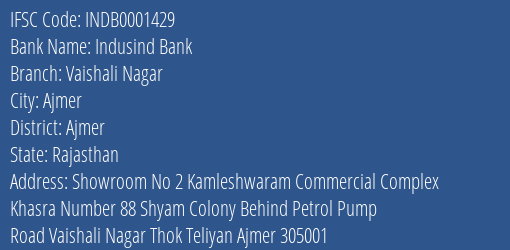 Indusind Bank Vaishali Nagar Branch Ajmer IFSC Code INDB0001429