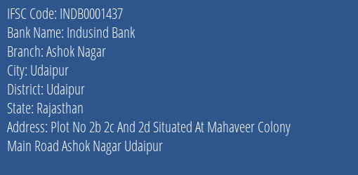 Indusind Bank Ashok Nagar Branch, Branch Code 001437 & IFSC Code Indb0001437