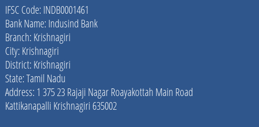 Indusind Bank Krishnagiri Branch Krishnagiri IFSC Code INDB0001461