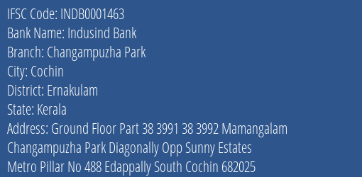 Indusind Bank Changampuzha Park Branch IFSC Code